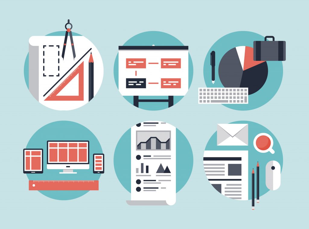 Flat design vector illustration concept icons set of modern business development process